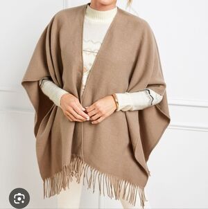 Soft Tan Fringe Poncho Shawl Wrap Cozy Neutral Cape Modern Classy